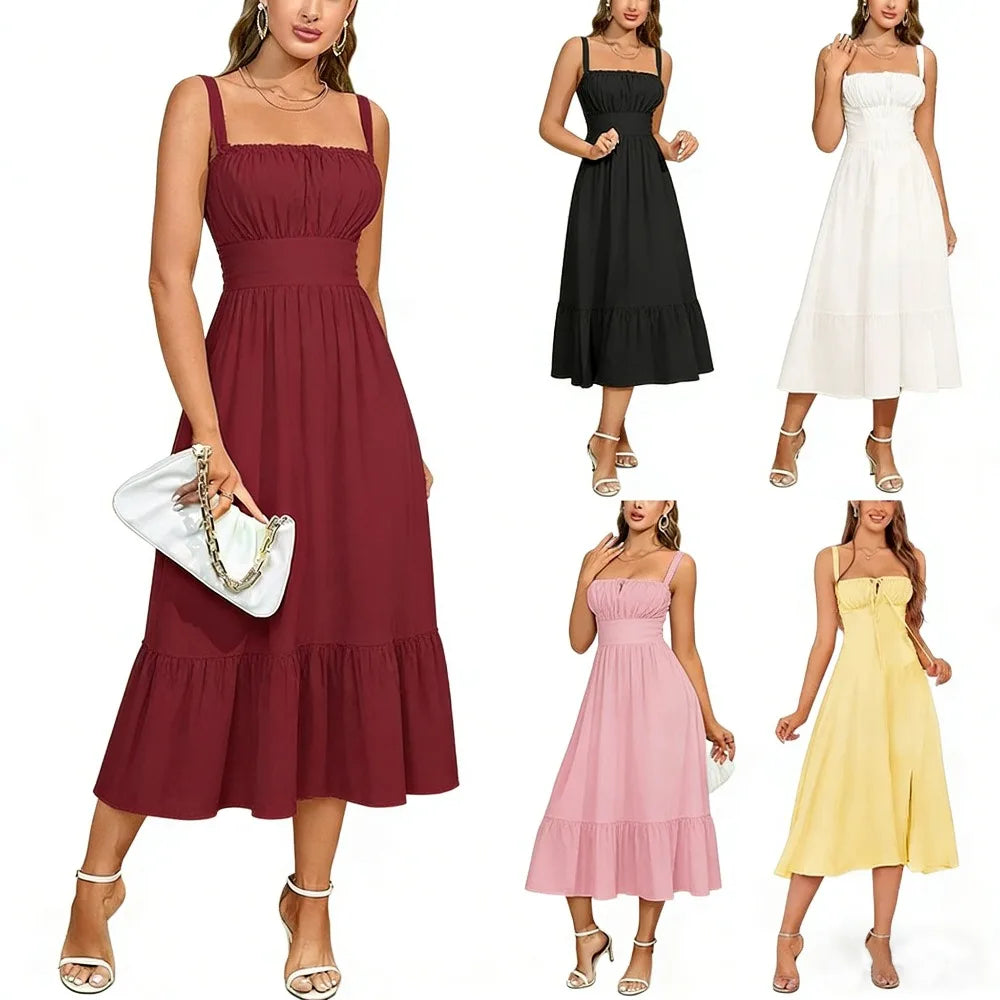 Y2K Flair™ Women's Midi Dress – Solid Ruched Corset Waist, Square Neck Cami