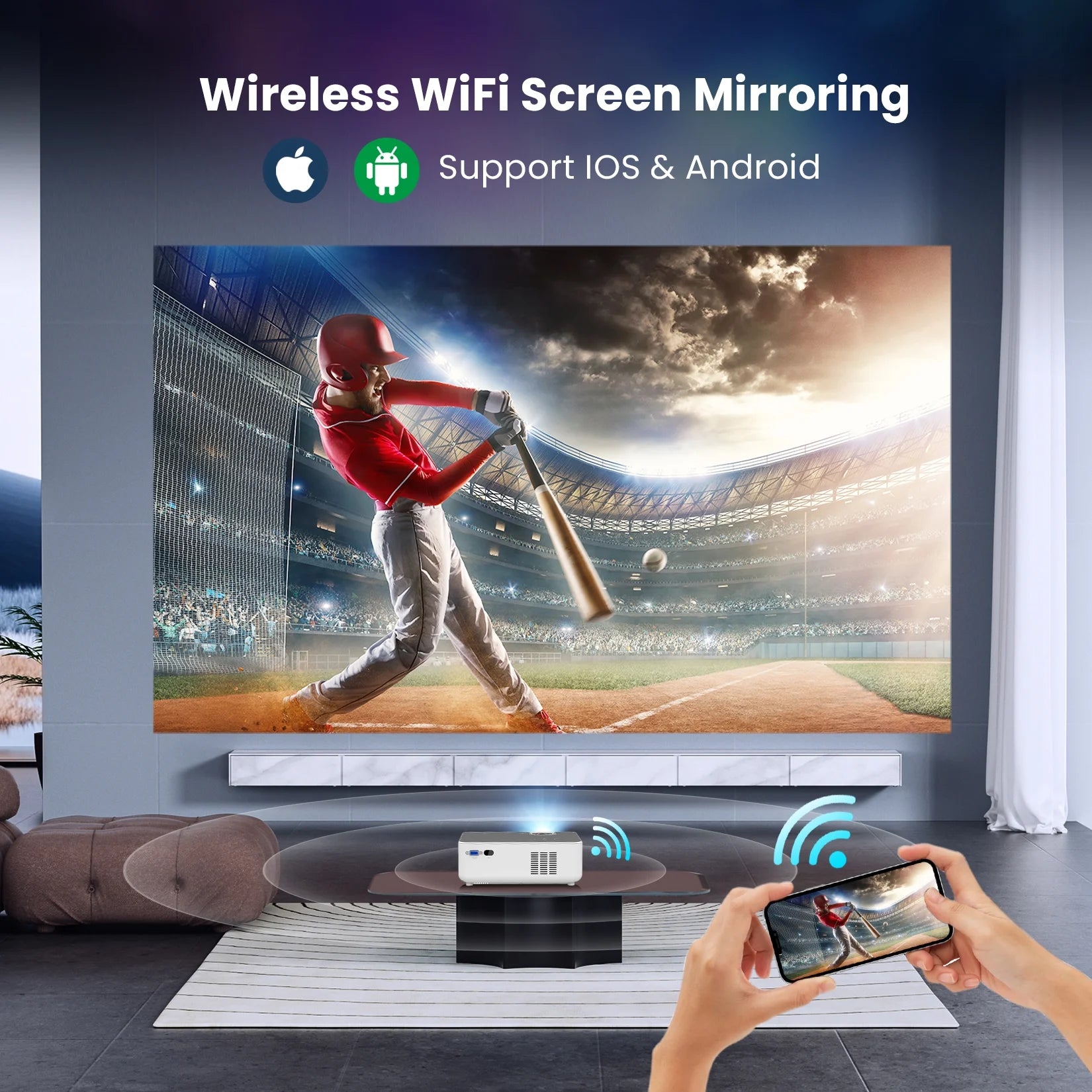 Wifi Bluetooth Projector, Portable Movie Projector Native 1080P for Home &Outdoor, Full HD Video Projector Compatible with Phone/Laptop/Pc/ TV Stick/Usb/Sd Card (Tripod Included)