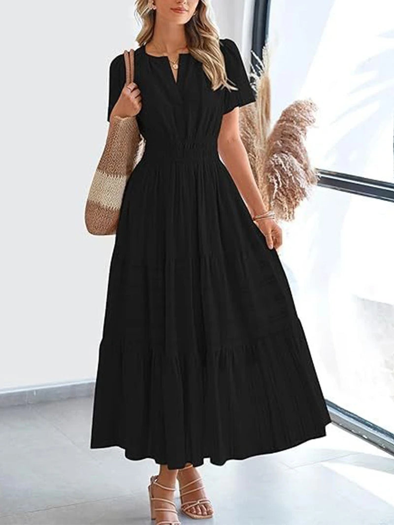 VivaSpring™ Layered Swing Dress – Women's V-Neck, Bubble Sleeves, and Big Swing Design for Effortless Style